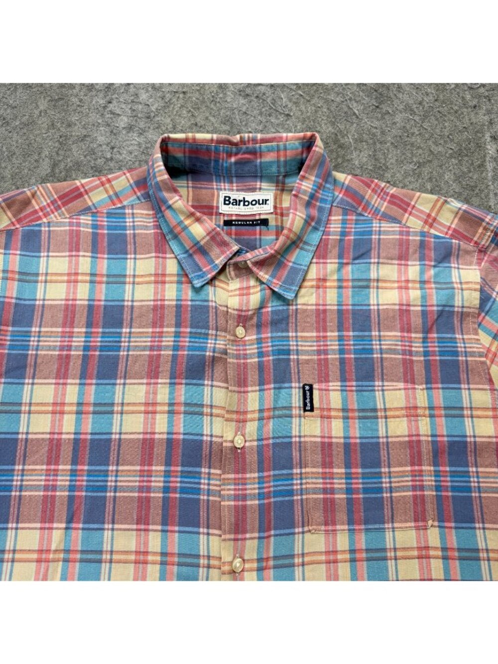 Barbour Shirt Men L Pink Blue Plaid Short Sleeve 48" Regular Fit